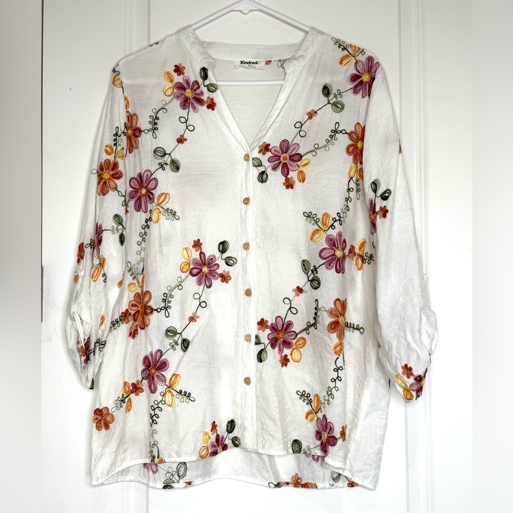 Kindred Anthropologie Floral Embroidered White Peasant Button Up Blouse Size 1X